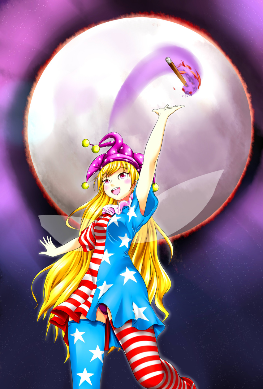1girl, absurdres, american_flag_legwear, american_flag_shirt, aura, backlighting, breasts, clownpiece