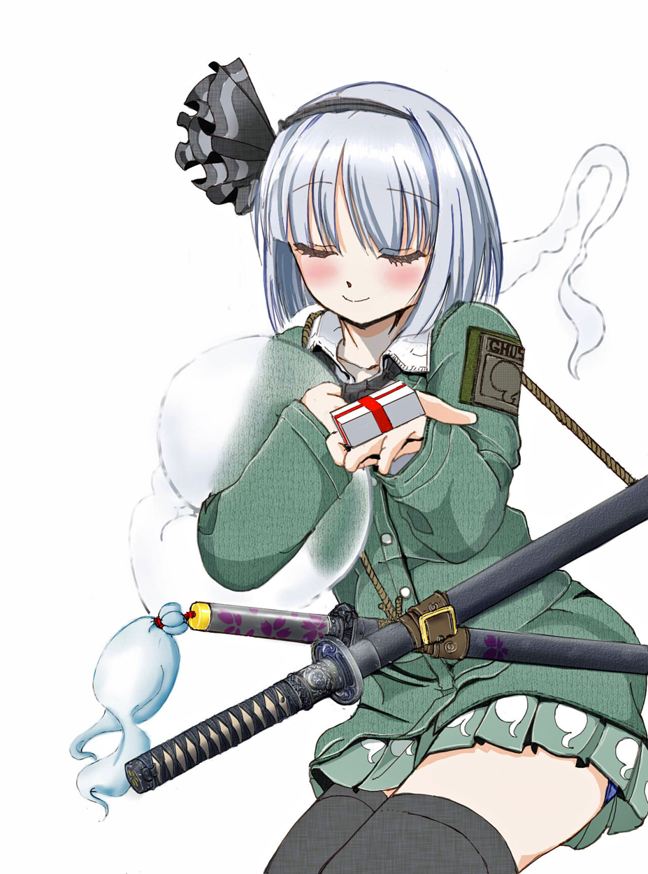 1girl, black_legwear, blush, box, closed_eyes, gift, gift_box, hair_ribbon, hairband, highres, hitodama, jacket, katana, konpaku_youmu, konpaku_youmu_(ghost), patch, ribbon, scabbard, self_hug, sgt_nakamura, sheath, short_hair, silver_hair, simple_background, skirt, solo, sword, tassel, thigh-highs, touhou, weapon, white_background, zettai_ryouiki