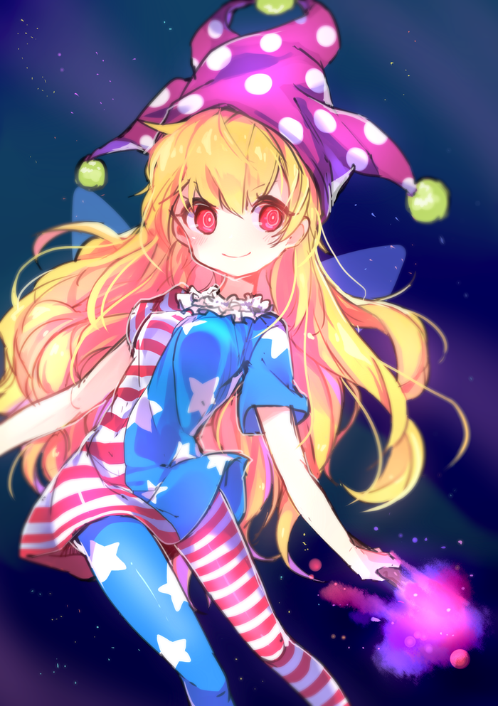 1girl, american_flag_legwear, american_flag_shirt, clownpiece, fairy_wings, grin, hat, jester_cap, long_hair, mismatched_legwear, name_(oiuio), red_eyes, smile, solo, touhou, wand, wings