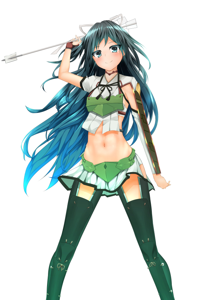 1girl, arrow, asymmetric_gloves, black_hair, black_legwear, blue_eyes, colored_eyelashes, elbow_gloves