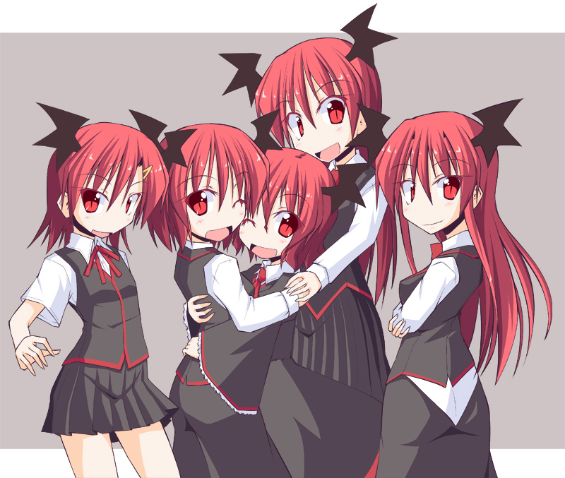 5girls, demon_wings, head_wings, hug, ichidai_taisa, koakuma, long_hair, miniskirt