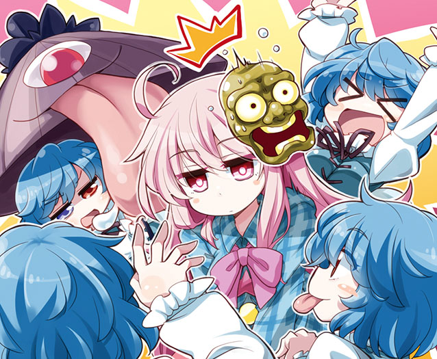 >_<, 2girls, akaneya, blue_eyes, blue_hair, closed_eyes, hata_no_kokoro, heterochromia