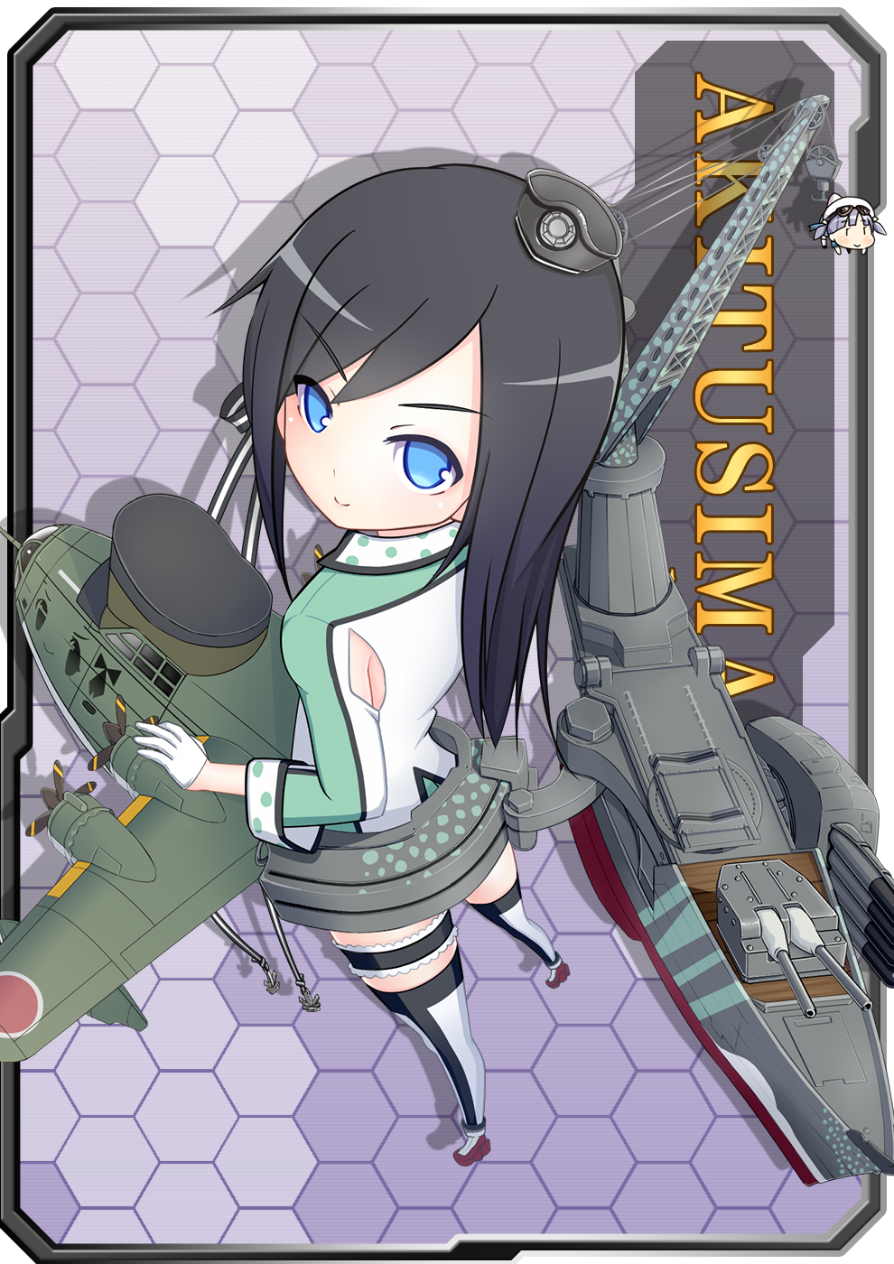 1girl, akitsushima_(kantai_collection), akitsushima_(kantai_collection)_(cosplay), aqua_eyes, asashio_(kantai_collection), black_hair, cannon, character_name