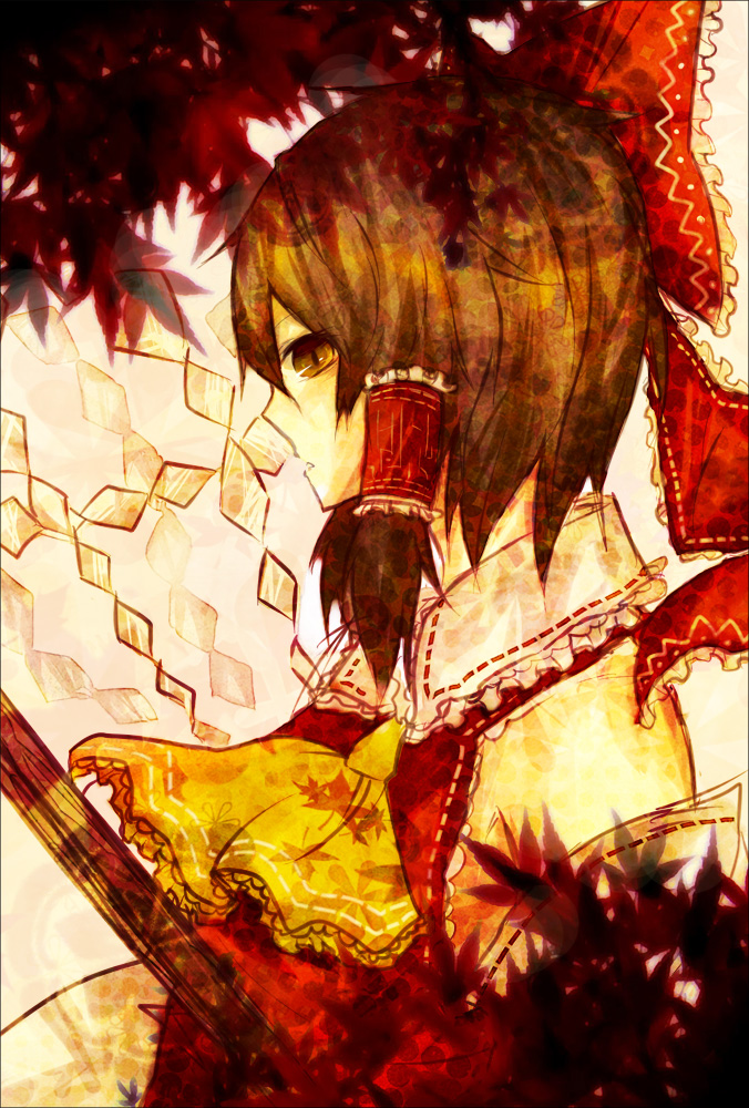 bow, brown_eyes, brown_hair, gohei, hair_bow, hakurei_reimu, kaio_(watagami), short_hair