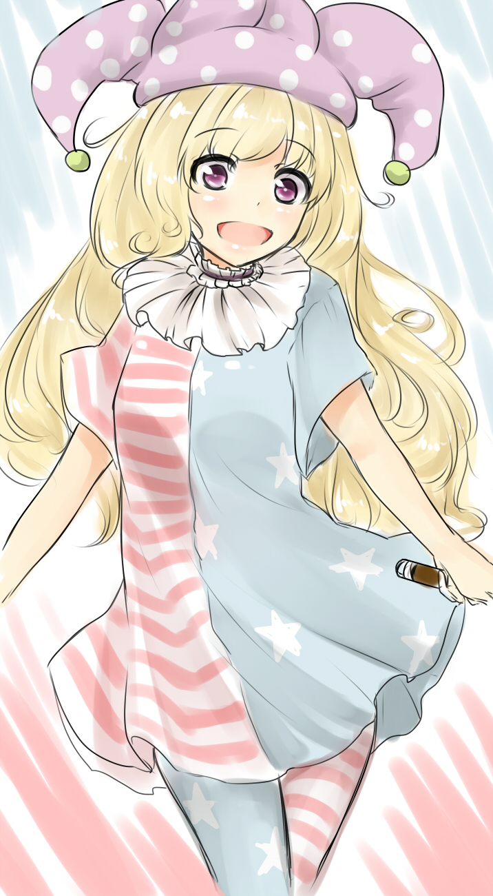 1girl, american_flag_legwear, american_flag_shirt, blonde_hair, clownpiece, greenopi, hat, highres, jester_cap, long_hair, looking_at_viewer, smile, solo, touhou, violet_eyes