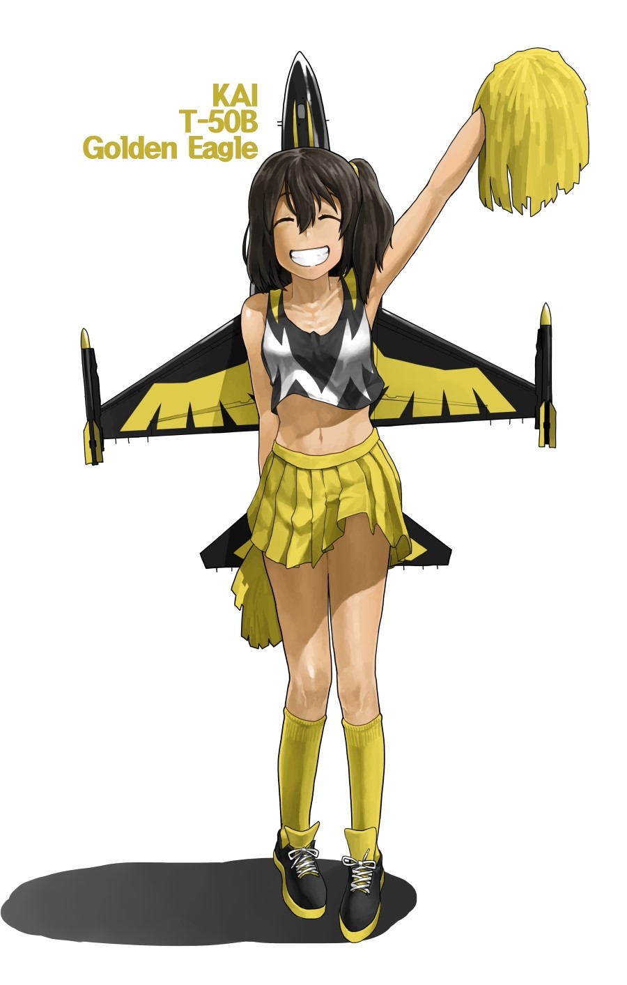 1girl, ^_^, black_hair, cheerleader, closed_eyes, flight_highschool, grin, highres, kneehighs, mecha_musume, military, military_vehicle, personification, pom_poms, shadow, skirt, smile, t-50, t-50_(flight_highschool), vehicle