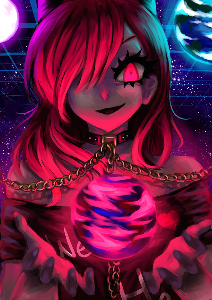 1girl, bare_shoulders, black_hat, black_shirt, choker, clothes_writing, earth_(ornament), floating_object