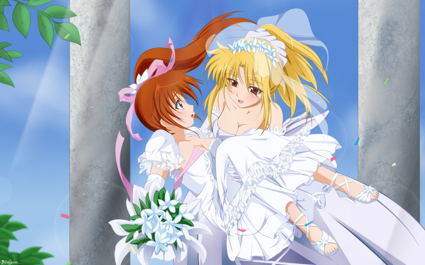 16:10, 2560x1600, 2girls, fate_testarossa, solwyvern, takamachi_nanoha, wallpaper, wedding_dress