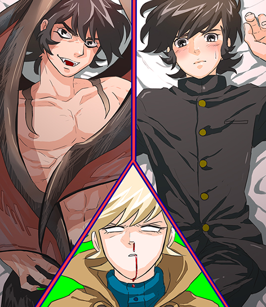 3boys, asuka_ryou, black_eyes, black_hair, blonde_hair, blood, blush, coat