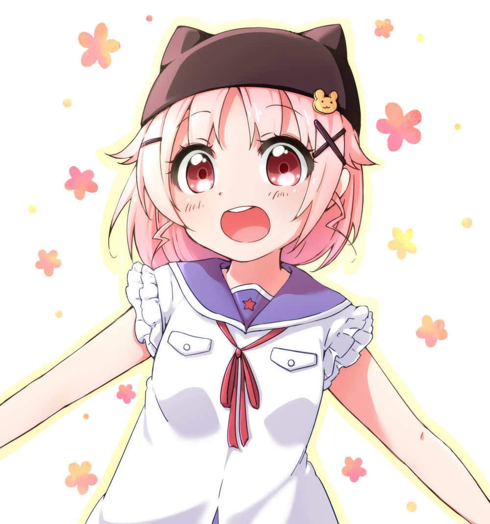 1girl, atu, blush, flower_(symbol), gakkou_gurashi!, hair_ornament, hairclip, hat