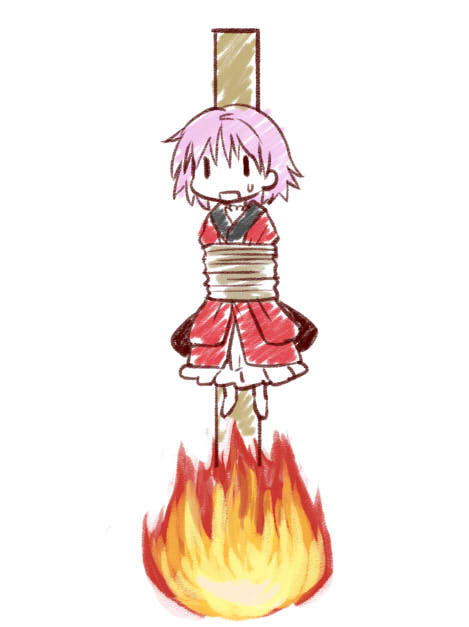 1girl, burning_at_the_stake, fire, japanese_clothes, kimono, nibi, purple_hair, simple_background