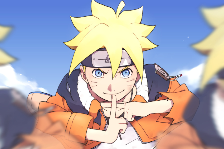 blonde_hair, blue_eyes, boruto:_naruto_the_movie, facial_mark, forehead_protector, multiple_persona, naruto, short_hair, soyaka, uzumaki_boruto