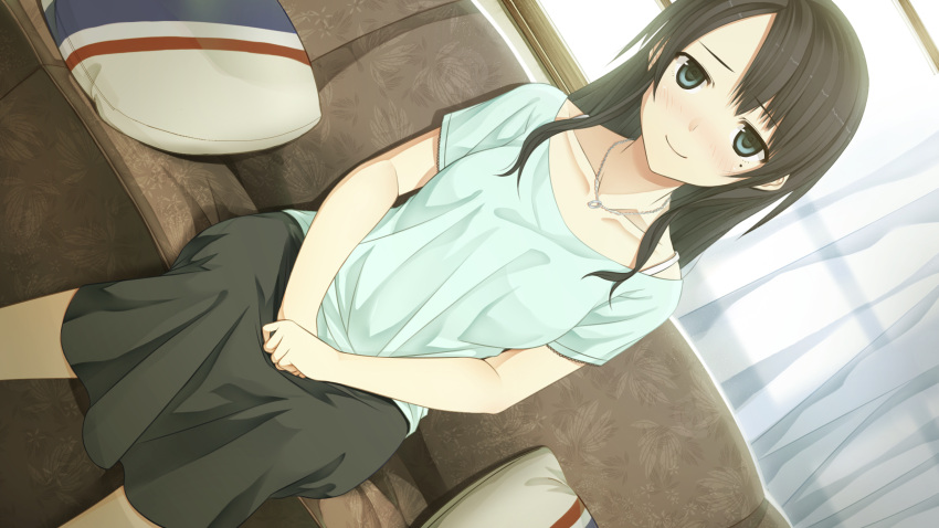 1girl, arishima_nahoko, asymmetrical_bangs, bangs, black_hair, blue_eyes, blush, collarbone