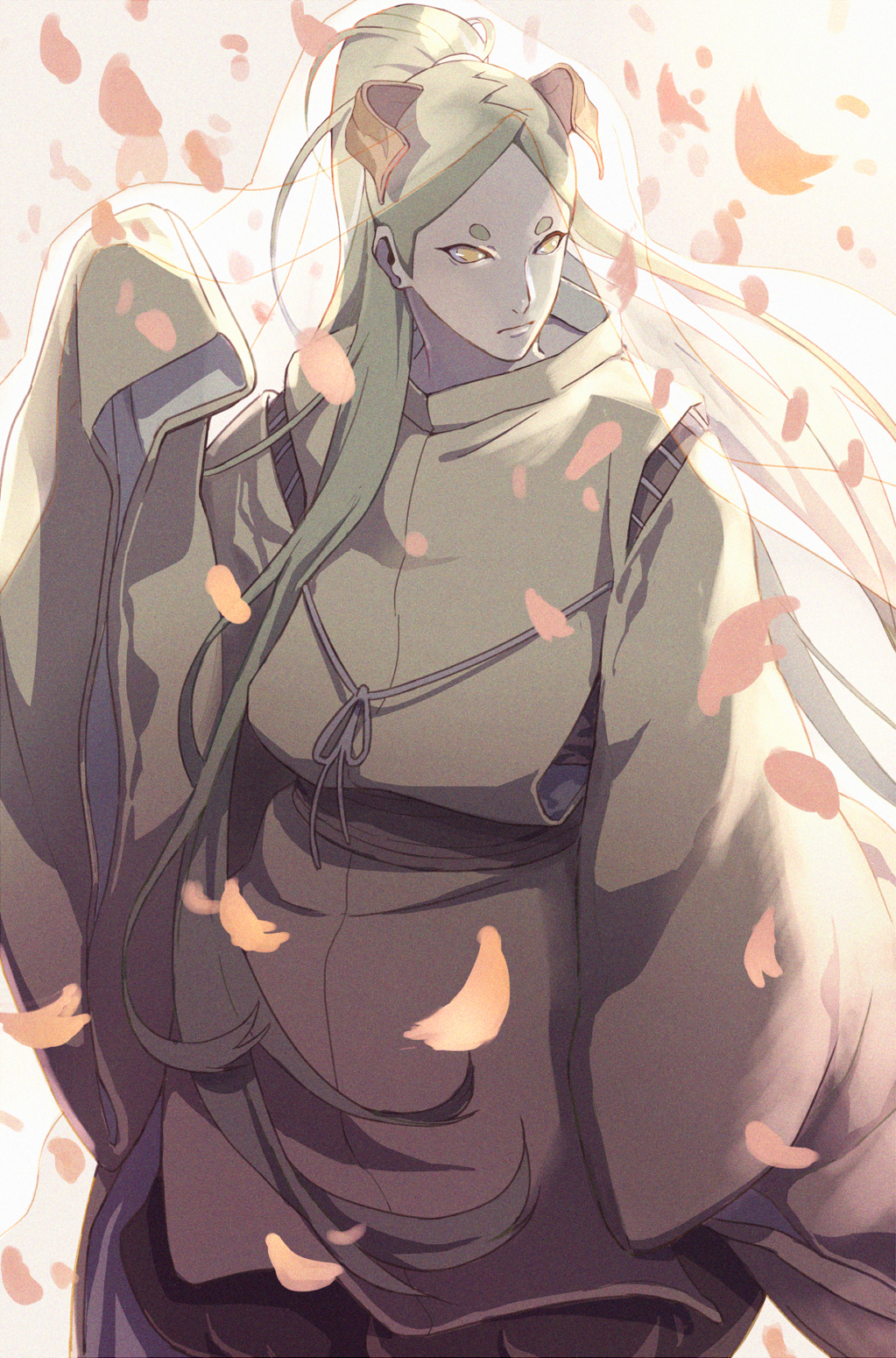 1boy, boruto:_naruto_the_movie, dashi_(minzoku_gb), grey_hair, highres, horns, japanese_clothes, long_hair, naruto, ootsutsuki_momoshiki, petals