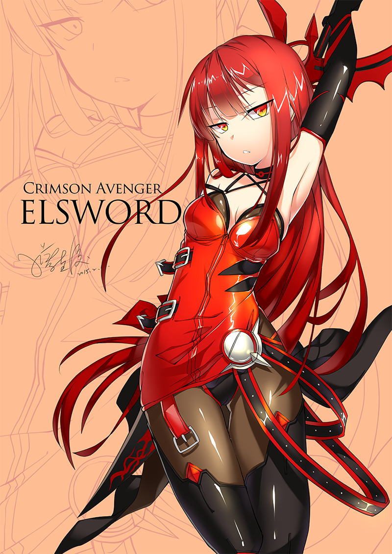 1girl, arm_behind_back, arm_up, armpits, black_gloves, elbow_gloves, elesis_(elsword), elsword