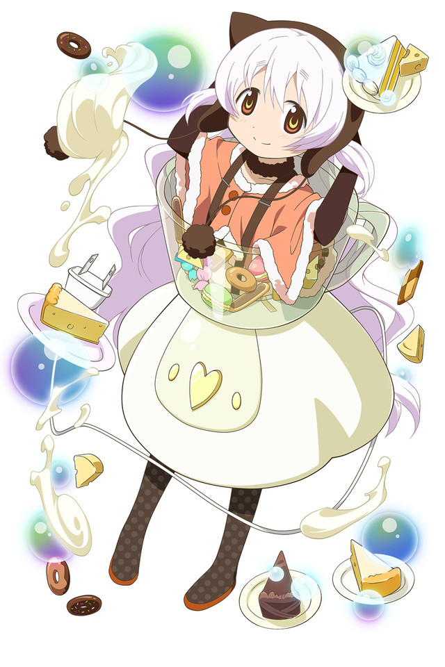 1girl, apron, bubble, cable, cake, capelet, cheese, cheesecake