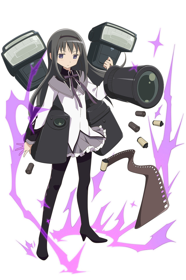 1girl, akemi_homura, argyle, argyle_legwear, black_hair, boots, camera, camera_flash