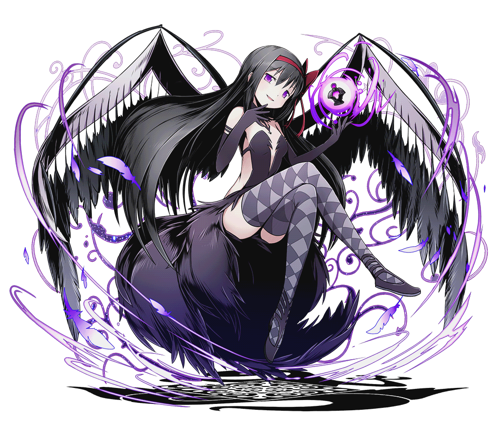 1girl, akemi_homura, akuma_homura, argyle, argyle_legwear, bare_shoulders, black_dress, black_gloves