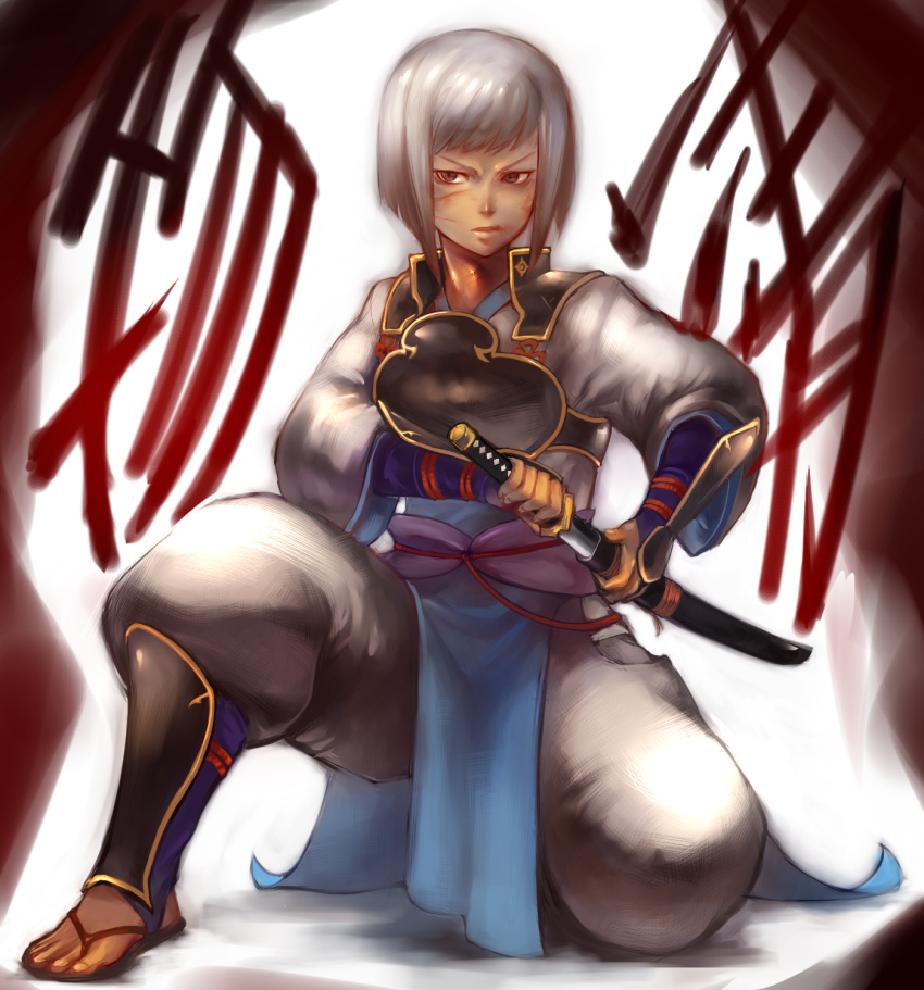 1boy, armor, ayu5573, blood, fire_emblem, fire_emblem_if, gauntlets, highres, hisame_(fire_emblem_if), katana, scar, solo, sword, weapon, white_hair