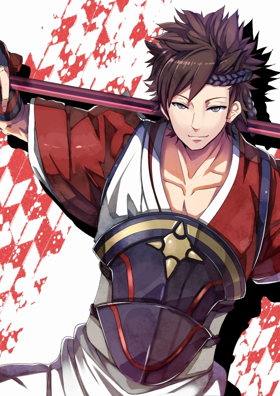 1boy, brown_eyes, brown_hair, fire_emblem, fire_emblem_if, lance, maruo_(mokurentenpu), polearm