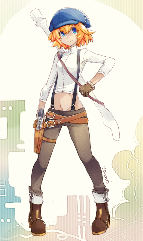 1girl, artist_name, blonde_hair, blue_eyes, boots, brown_gloves, cabbie_hat, call_(red_ash)