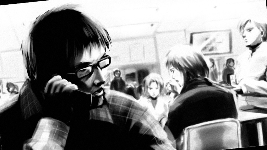 2ch, 6+boys, 6+girls, black_hair, cafeteria, cellphone, chair, checkered_shirt