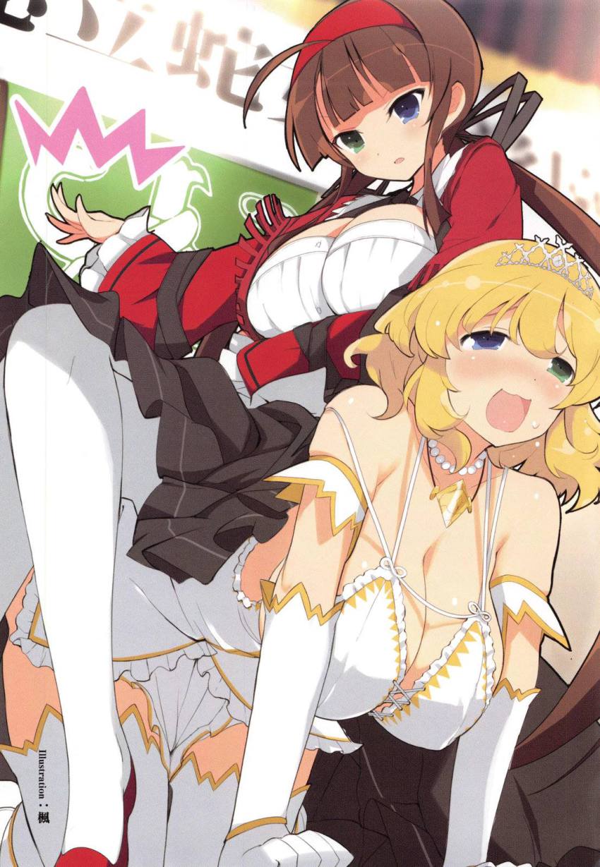 2girls, ahoge, blonde_hair, blue_eyes, crossed_legs, elbow_gloves, gloves, green_eyes
