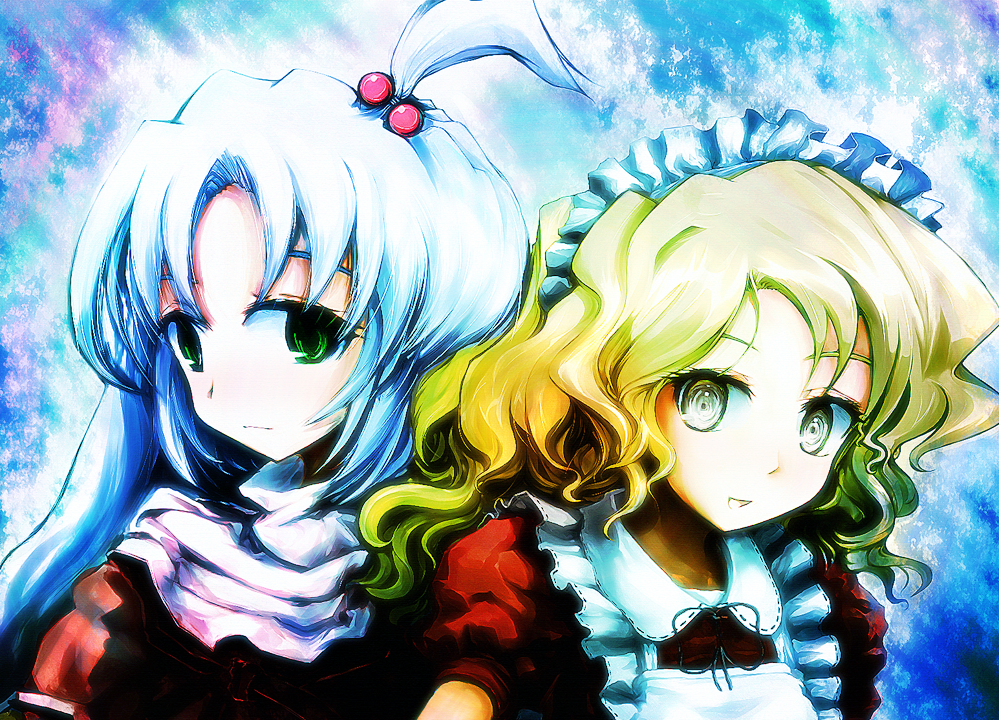 blonde_hair, green_eyes, ikmg, long_hair, maid_headdress, shinki, side_ponytail, touhou, touhou_(pc-98), yumeko