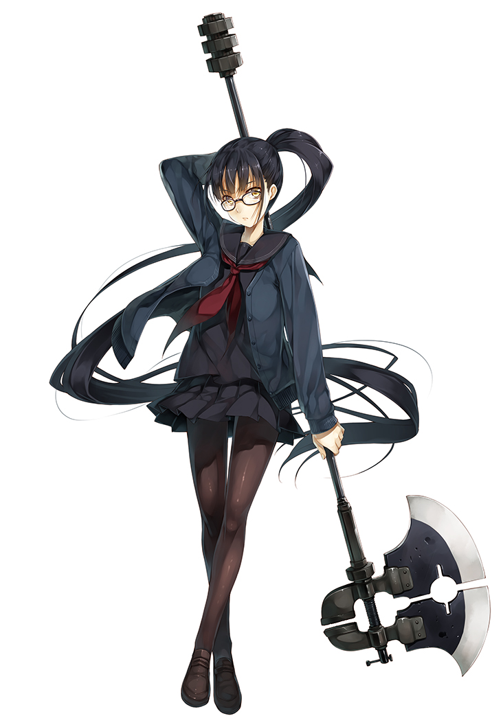 1girl, black_hair, cardigan, clamp_(tool), glasses, keg, long_hair, original