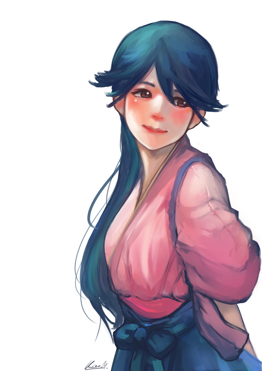 1girl, absurdres, arms_behind_back, black_hair, blush, highres, houshou_(kantai_collection), japanese_clothes