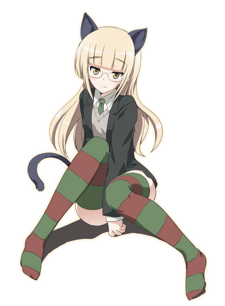 animal_ears, between_legs, blonde_hair, blush, cat_ears, cat_tail, glasses, hand_between_legs