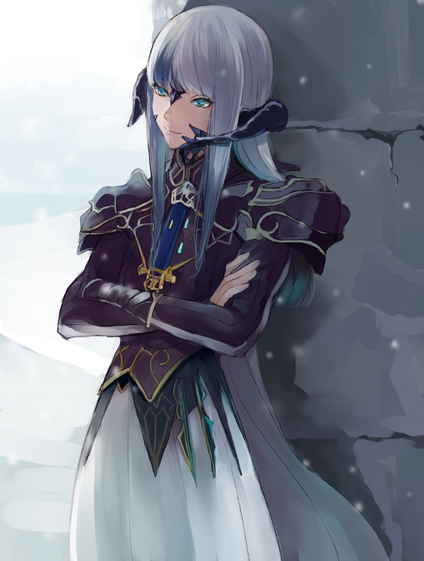 1girl, against_wall, armor, au_ra, blonde_hair, blue_hair, crossed_arms, dragon_girl
