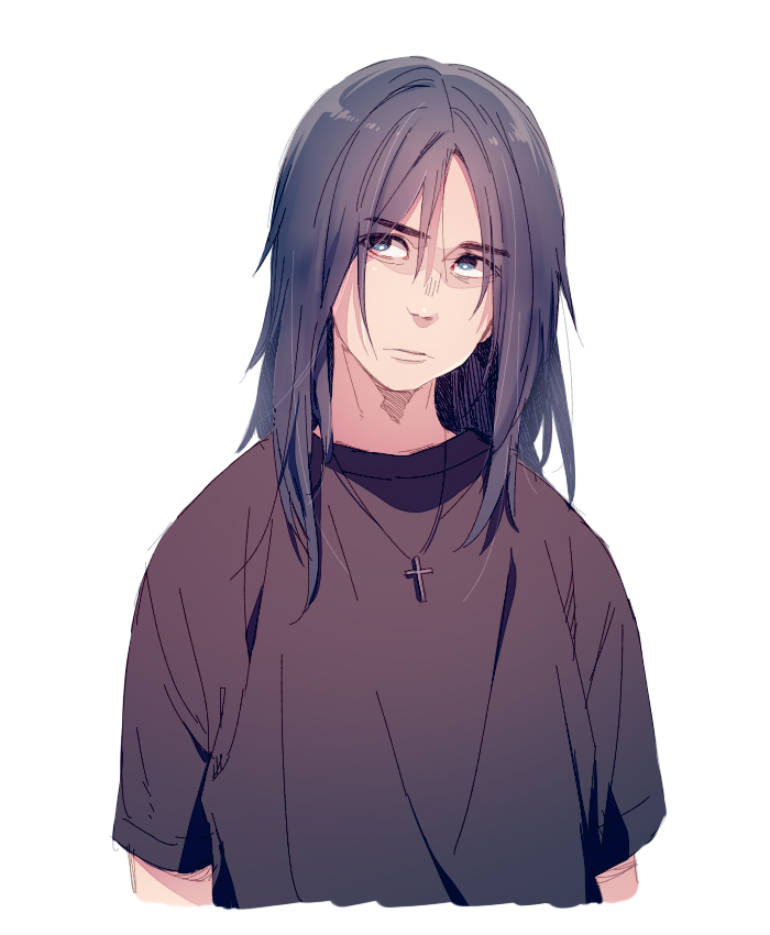 1boy, :|, bags_under_eyes, black_hair, cross, cross_necklace, grey_eyes, hirasawa_susumu, kiri_futoshi, light_frown, long_hair, looking_away, male_focus, mandrake_(band), simple_background, sketch, solo, upper_body, white_background, younger