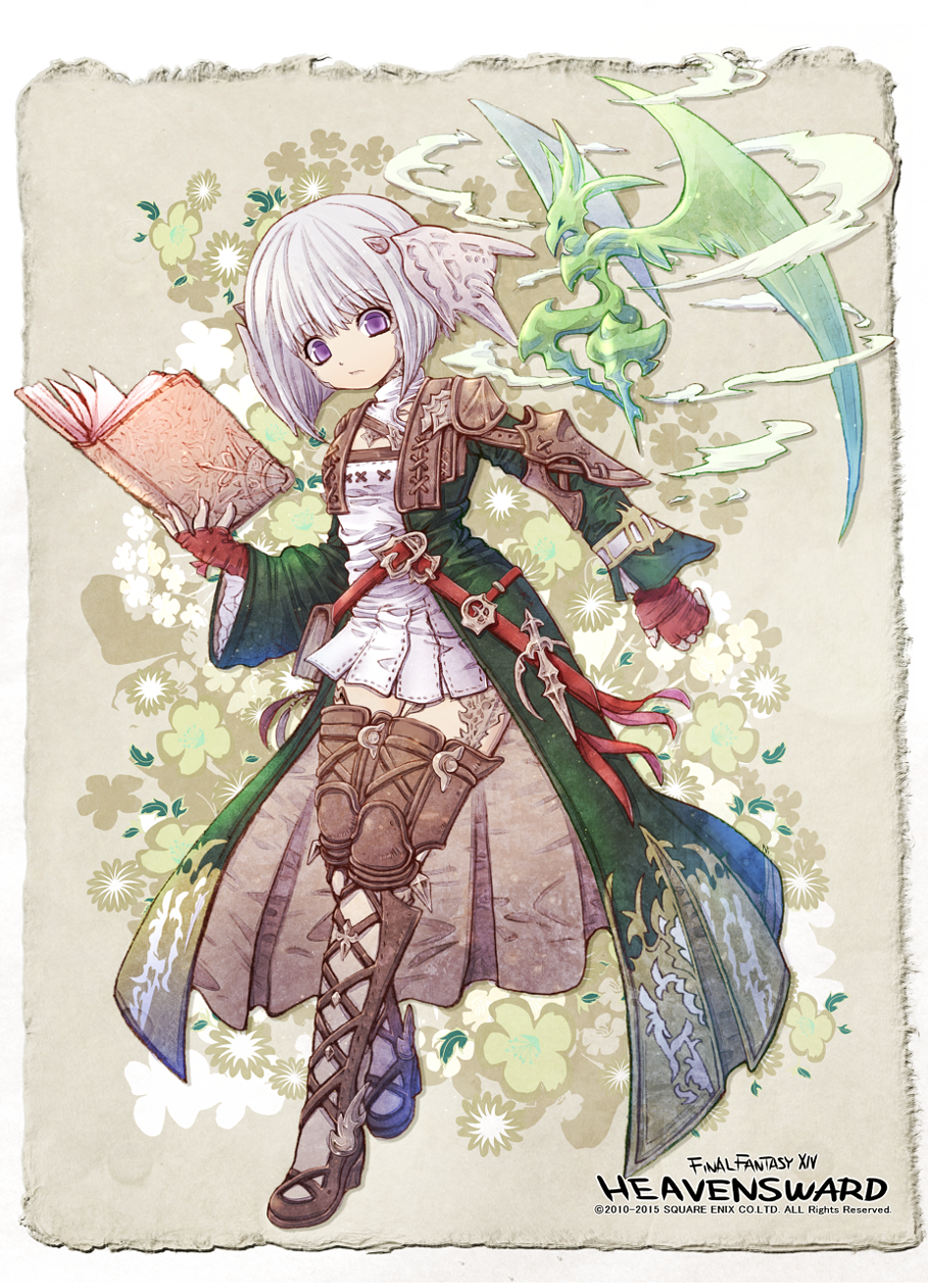 1girl, 2010, 2015, au_ra, book, boots, brown_boots, brown_legwear