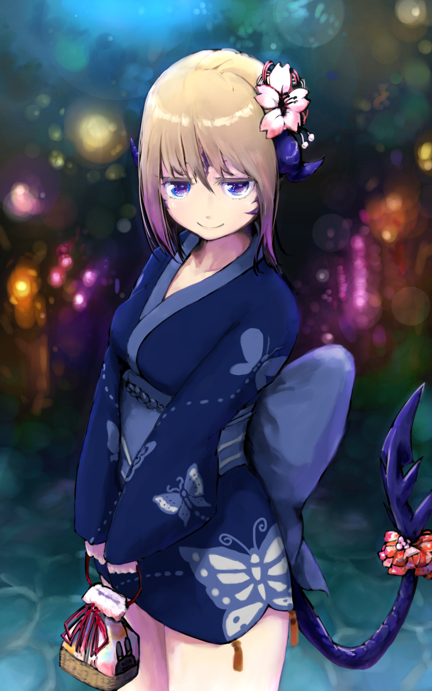 1girl, au_ra, blonde_hair, butterfly_print, collarbone, dragon_girl, dragon_horns, dragon_tail