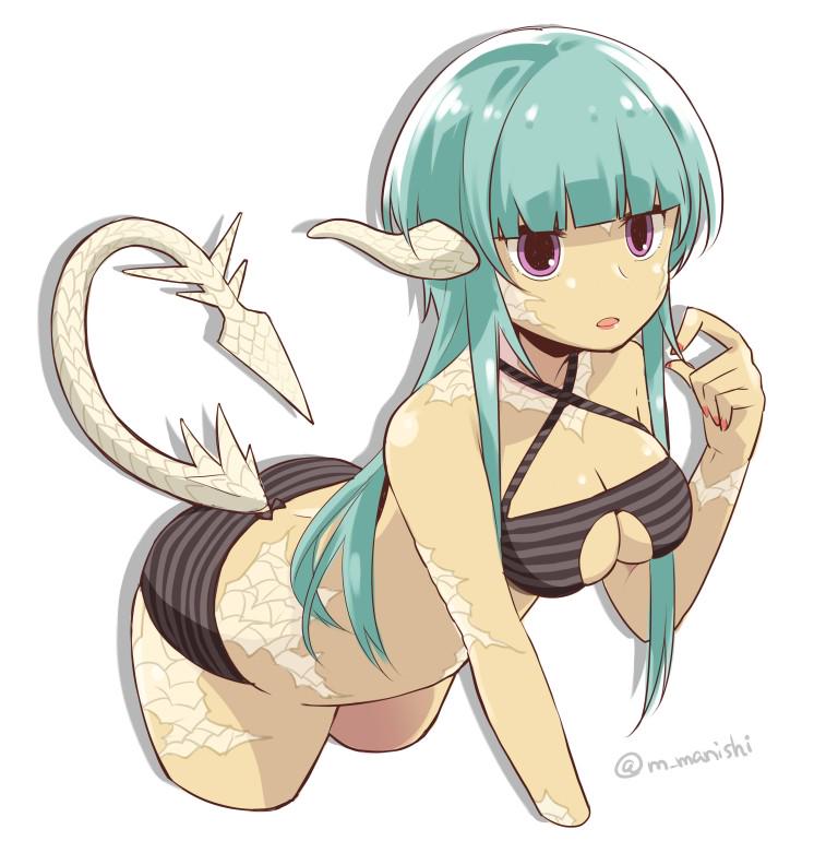 1girl, :o, aqua_hair, au_ra, bangs, bare_shoulders, bent_over, bikini, black_bikini, blunt_bangs, breasts, cleavage, criss-cross_halter, cropped_arms, cropped_legs, dragon_girl, dragon_horns, dragon_tail, final_fantasy, final_fantasy_xiv, halter_top, halterneck, horizontal_stripes, horns, lipstick, long_hair, makeup, manishi_mari, nail_polish, pink_lipstick, pink_nails, scales, silhouette, simple_background, solo, striped, striped_bikini, striped_swimsuit, swimsuit, tail, twitter_username, under_boob, violet_eyes, white_background