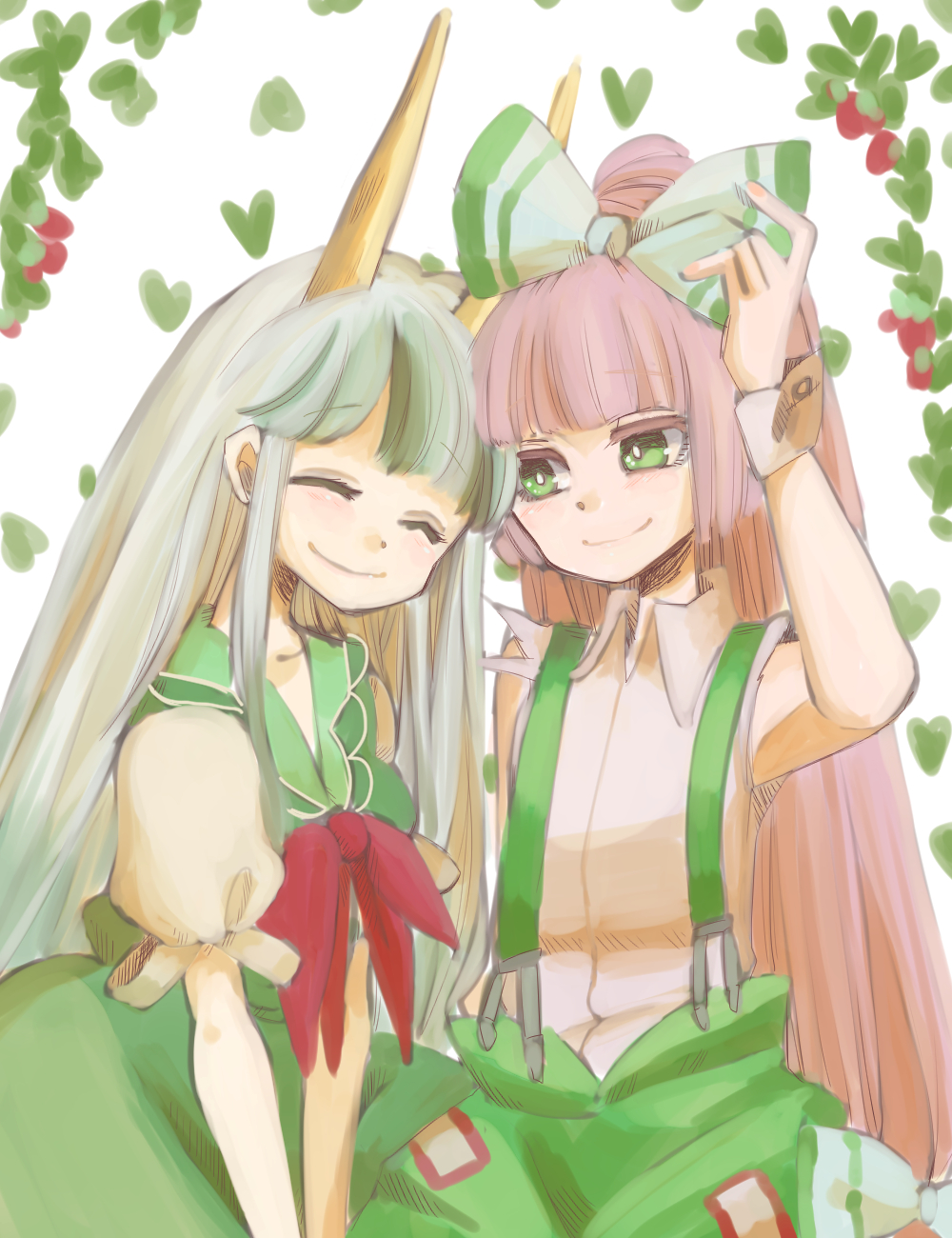 2girls, alternate_color, bow, ex-keine, fujiwara_no_mokou, green_eyes, green_hair, hair_bow