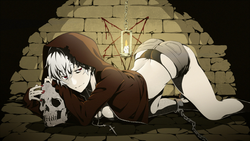 1girl, arisawa_kuro, ass, black_panties, breasts, candle, chain, chained