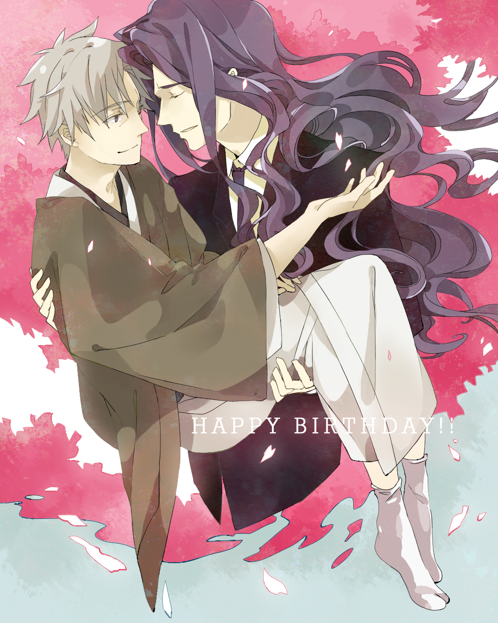 2boys, berserker_(fate/zero), carrying, fate/zero, fate_(series), grey_hair, highres, japanese_clothes