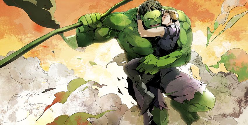 2boys, avengers, brown_hair, bruce_banner, clint_barton, hawkeye_(marvel), hulk, kageuri