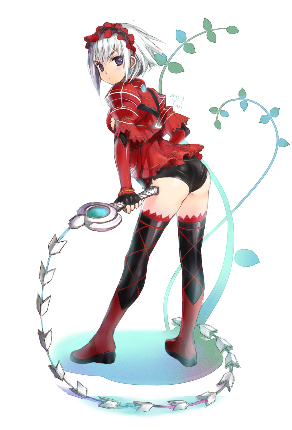 >:(, 1girl, 2015, ass, black_gloves, black_legwear, blush, chaika_bogdan