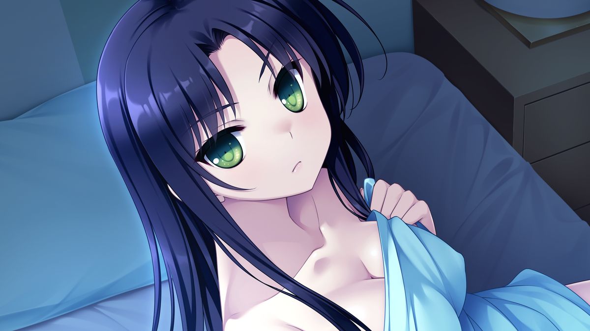 1girl, bangs, black_hair, breasts, cleavage, collarbone, game_cg, green_eyes