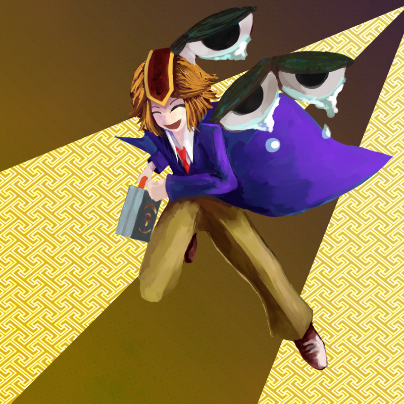 androgynous, brown_hair, closed_eyes, eyes, flying, formal, headgear, kokutenshi_hibaru