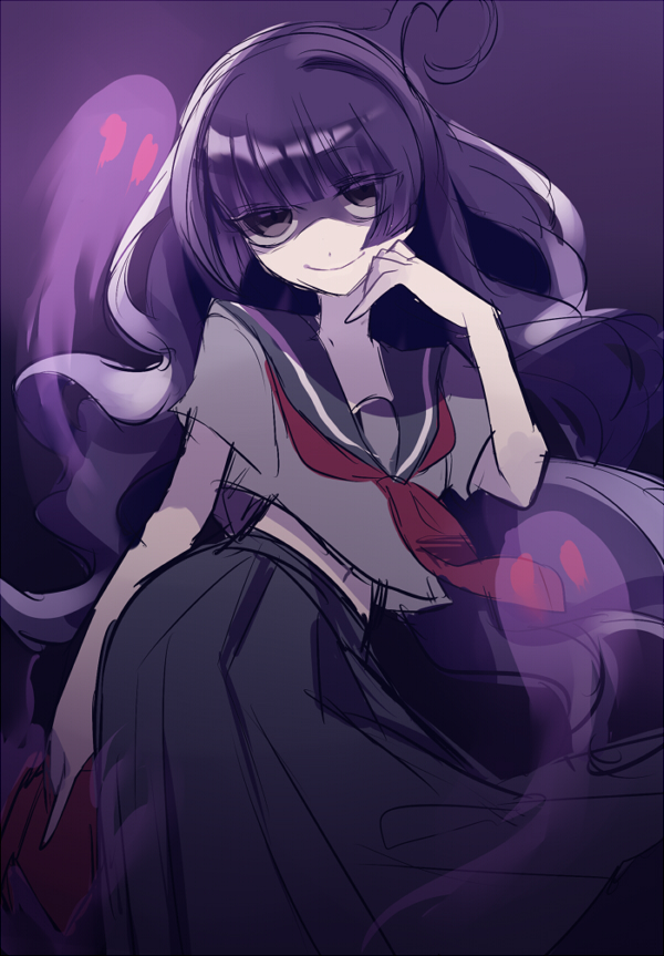 1girl, arisusama, bangs, blunt_bangs, book, contrapposto, ghost, long_hair