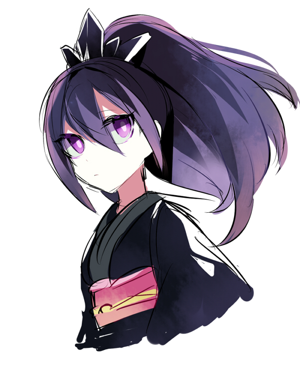 1girl, arisusama, high_ponytail, hyakkihime, japanese_clothes, kimono, long_hair, purple_hair