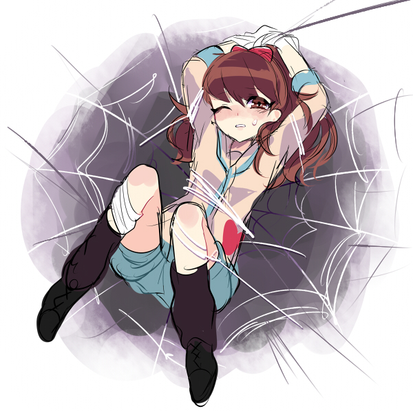 1girl, arisusama, arms_up, bdsm, blush, bondage, brown_eyes, brown_hair