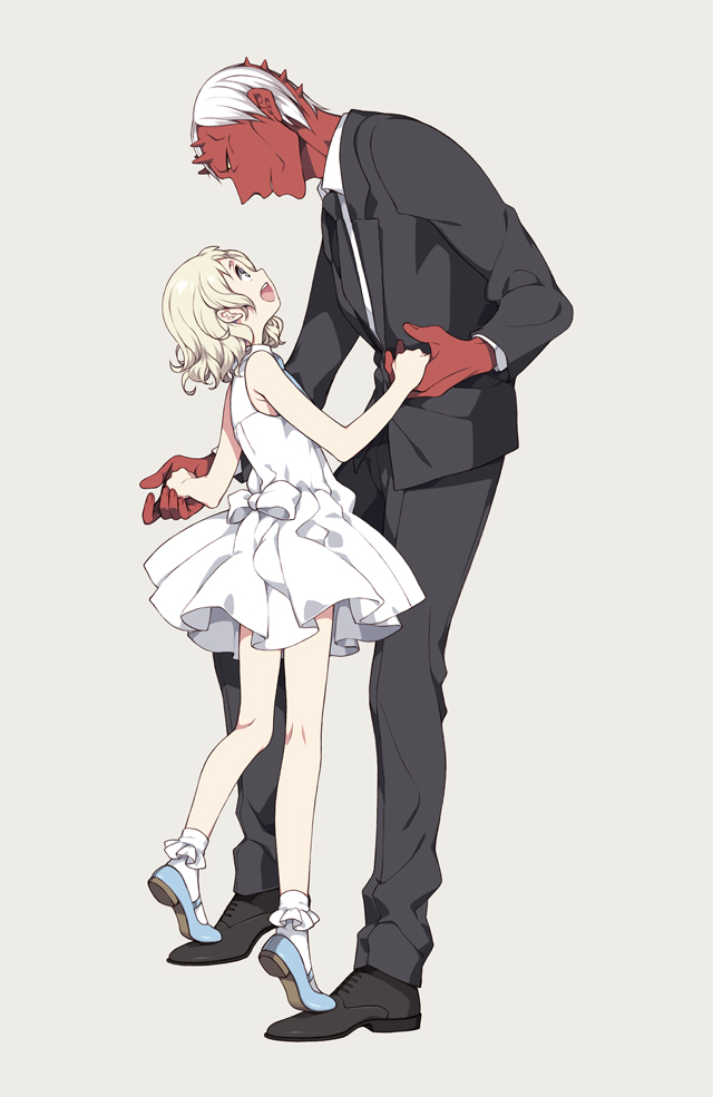 2boys, age_difference, blonde_hair, bow, crossdressinging, demon_boy, dress, eye_contact