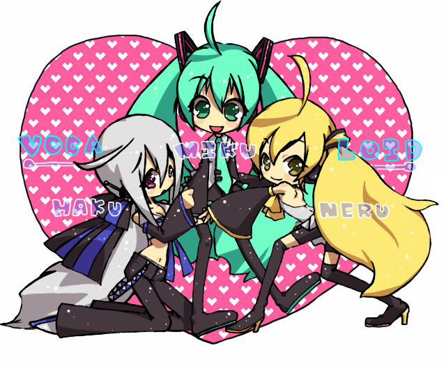 ahoge, akita_neru, aqua_hair, bad_id, blonde_hair, detached_sleeves, hatsune_miku, headphones