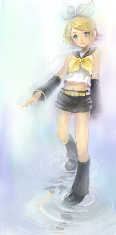 full_body, kagamine_rin, ris, smile, solo, vocaloid, water