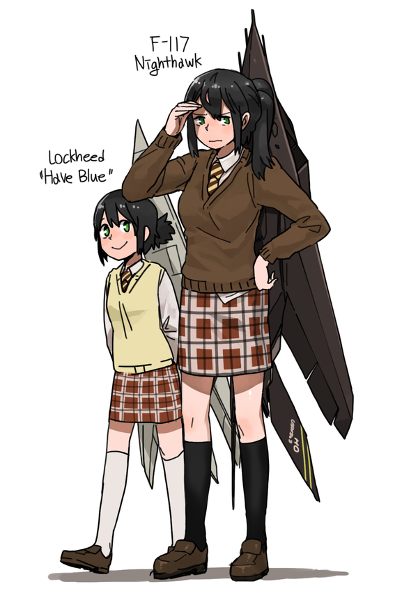 2girls, anyan_(jooho), black_hair, character_name, f-117, f-117_(flight_highschool), flight_highschool, green_eyes